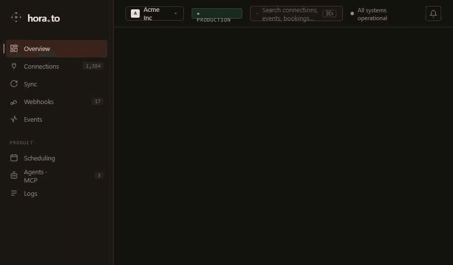 Resumen del panel de Horato con conexiones activas, retraso de sync, entrega de webhooks y stream de eventos.